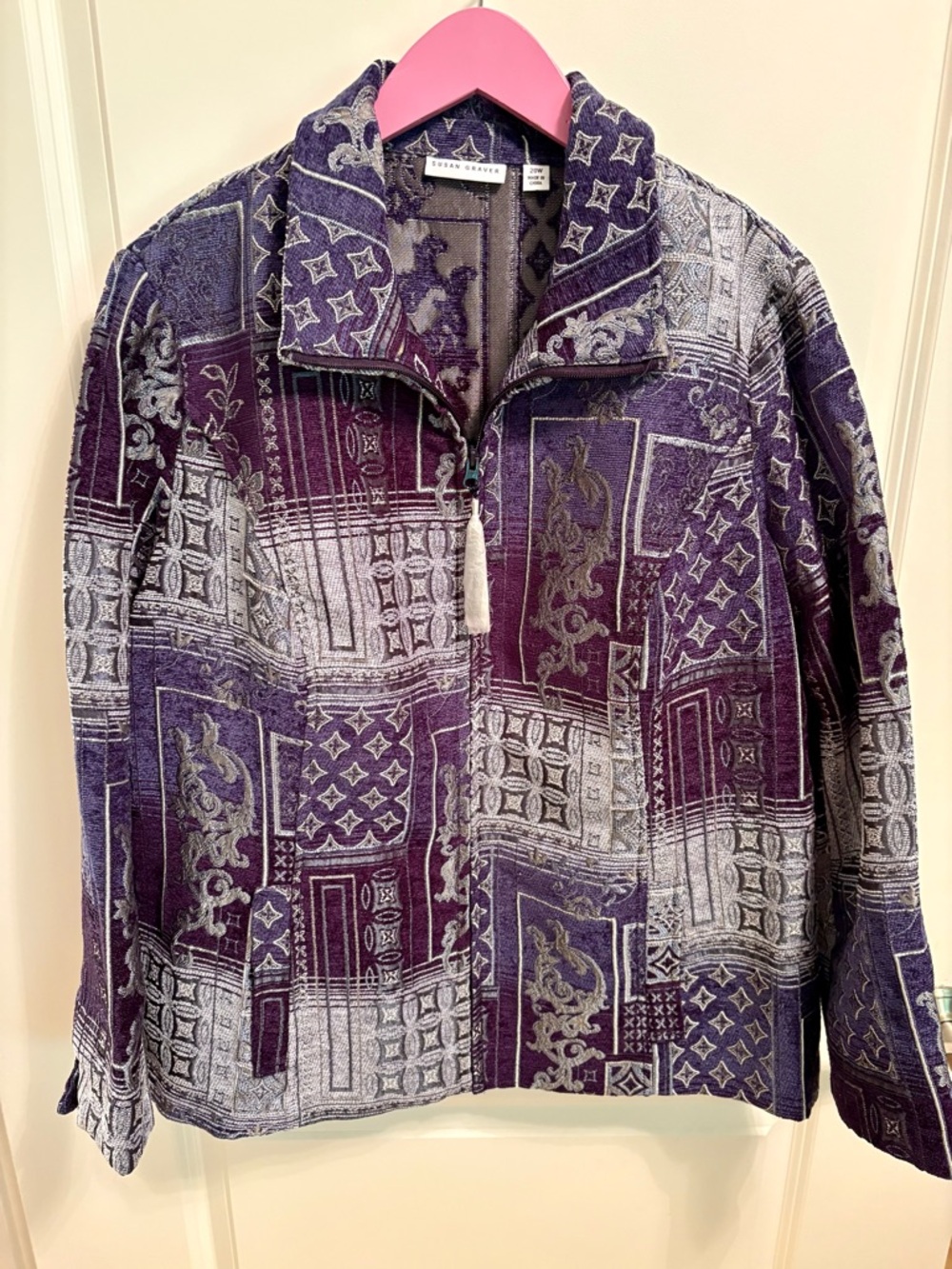 20W Susan Graver Patchwork Embroidered Blue Tapestry Jacket Tassel Zipper NWOT